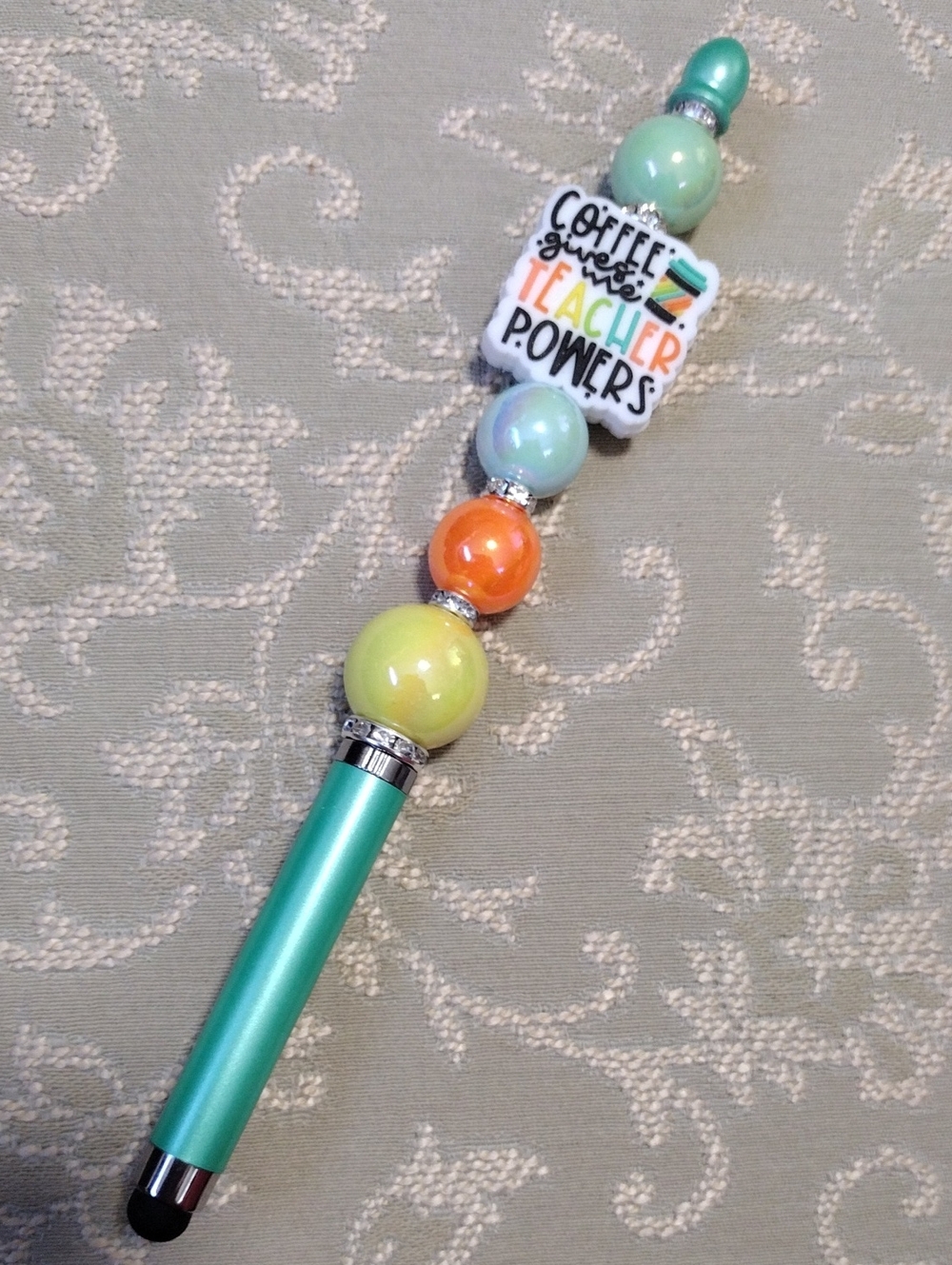 Teacher Powers Beaded Stylus Pen - Mint Green Barrel with Pastel Beads